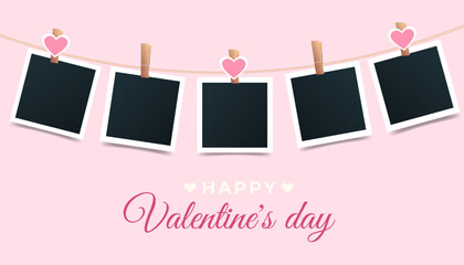 Wall Mural - Valentine's Day pink background with blank set photo picture frames. Instant photos mockup hanging on a thread. Photo template. Vector illustration