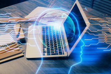 Fototapete - Double exposure of desktop with computer and brain drawing hologram. Artificial intelligence concept.