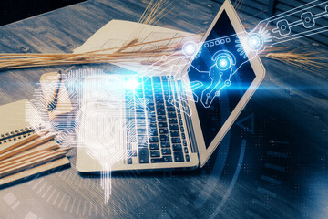 Fototapete - Double exposure of desktop with computer and brain drawing hologram. Artificial intelligence concept.