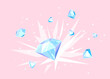 Diamonds explosion concept illustration on pink background, treasure of precious stones with bright lights, jewels scatter in different directions