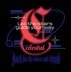 Illustrated poster design featuring a typographic slogan related to the universe, celestial and the cosmos