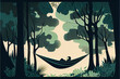 A person taking a nap on a hammock between trees, surrounded by nature. Relaxation and self-care through rest. Generative AI