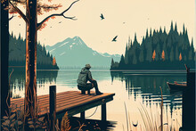 A Person Sitting On A Dock By A Lake, Surrounded By Nature, And Fishing. Relaxation And Self-care Through Hobbies. Generative AI