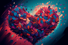 A Explosion Of Hearts In A Burst Of Colors On A 2D Abstract Painting - Generative Ai