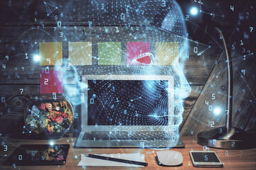 Fototapete - Double exposure of desktop computer and human brain drawing hologram. Ai concept.