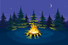 Bonfire In Night Spruce Forest On Glade And Stars On Sky With Young Moon, Place For Camping Nature Background, Campfire With Stones On Round Lawn, Perfect Spot To Pitch Tent