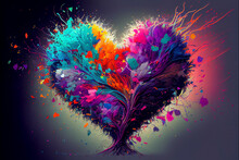 A 2D Abstract Canvas Featuring A Explosion Of Hearts In A Burst Of Colors - Generative Ai