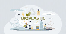 Bioplastics material usage for recyclable eco packaging tiny person concept. Green and ecological bio plastics material with biodegradable bottles vector illustration. Reuse trash to save environment