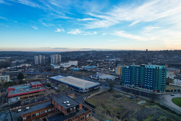 High Angle View of Central Luton City and Buildings During Sunset, Beautiful Footage of UK's Modern and Historical View of Town of England, Footage Was Captured on 22-01-2023.