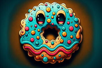 Sticker - animated bright positive donut with surprised eyes on orange and turquoise background