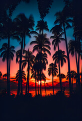 Wall Mural - Blue palm trees at sunset.  Generative AI.