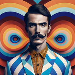 Sticker - Generative ai optical art fashion portrait caucasian young man big mustache posing