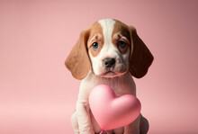 Cute Puppy Dog With A Love Heart Balloon. Valentines Day Concept. Generative Ai