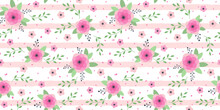 Seamless Floral Pattern With Pink Flowers And Leaves On Striped Background