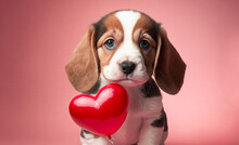 Cute Puppy Dog With A Love Heart Balloon. Valentines Day Concept. Generative Ai