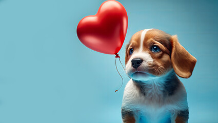 Poster - Cute puppy dog with a love heart balloon. Valentines day concept. Generative ai