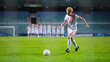 Major League Soccer Football Championship. Confident White Team Forward Player Prepares to Score a Goal, Teammates In Line Up Behind. Live Sports Channel and Broadcast Television. Portrait Shot.