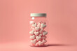 Jar filled with pink hearts, isolated on a pink background. Made with generative AI technology.