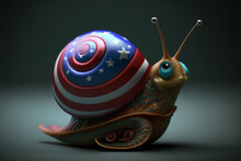 Generative AI Illustration Of Cartoon Snail Character With American Flag On Shell Crawling On Black Background