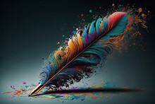 AI Generated Image Of Colorful Pen Feather Over Paint Effect Against Bright Blue Background