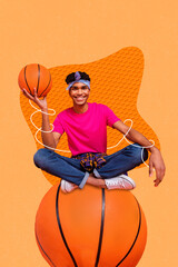 Sticker - Vertical collage portrait of cheerful positive guy sit huge basketball isolated on drawing orange background