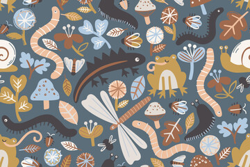 BUTTRTFLY, FROG, CRITTERS, LEECH, SNAIL, FLOWER, LEAVES FLORA AND FAUNA NATURE SEAMLESS PATTERN IN EDITABLE FILE