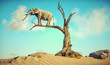 Elephant stands on thin branch of withered tree in surreal landscape.