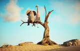 Fototapeta  - Elephant and giraffe stands on thin branch of withered tree in surreal landscape. The concept of friendship.