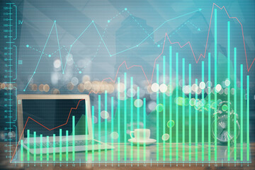 Multi exposure of forex graph and work space with computer. Concept of international online trading.