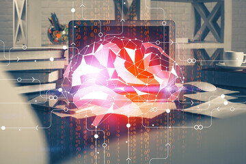 Wall Mural - Double exposure of work table with computer and brain sketch hologram. Brainstorming concept.