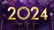 © koltukovs - Golden shiny number 2024 and handwritten style text. A Happy New year greeting card concept with glittering background. Christmas night eve celebrating poster. Isolated elements. Graphic design.
