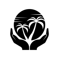 Two hand holding sea beach, palm tree ,sunset, Bird fly morning and evening scenery landscape vector icon. Black and white.