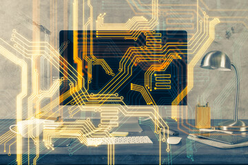 Fototapete - Computer on desktop in office with technology theme hologram. Multi exposure. Tech concept.