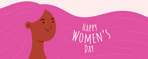 Wall Mural - Beautiful black woman, girl with long flowing hair, text Happy Womens Day. Hand drawn vector illustration. Female cartoon character. Flat style design. Concept for 8 March, feminism banner, poster.