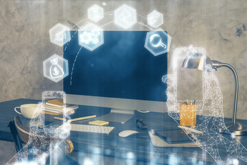Fototapete - Computer on desktop in office with technology theme hologram. Multi exposure. Tech concept.