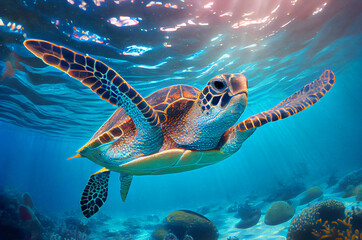 Underwater wild turtle floating over beautiful natural ocean background, with sunlight through water surface. Generative AI
