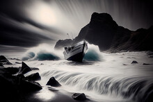Long Exposure Of A Boat In A Sea With Stormy Waves Against Rocks. Motion Blur And Dull Colour Tones Processing. Digitally Generated AI Image.