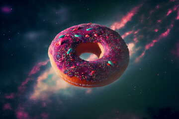 Sweet donut in pink cream and powder hovers and flies in the space of the Universe around stardust meteorites. The concept of extraterrestrial sweetness. Generative AI technology.