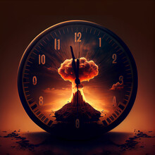 Doomsday Clock Showing 90 Seconds To Midnight Against Nuclear War Background. Generating Ai