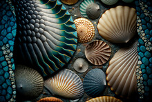 Abstract Texture Of Seashell Fish Scales Moss Kelp Snake Skin Nautilus Shell Mother Of Pearl Sparkling Ocean Waters Arranged Beautiful Pattern Background.generative Ai.