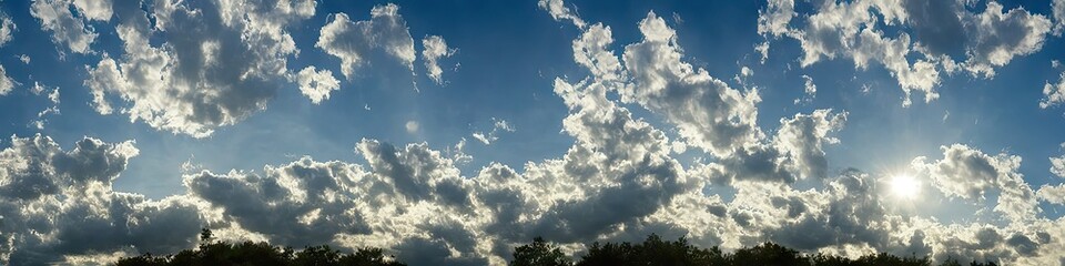 Wall Mural - Bright blue skies and fluffy white clouds on a bright and sunny day - A panoramic view of the sky made by generative AI