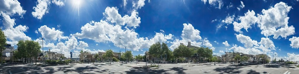 Wall Mural - Bright blue skies and fluffy white clouds on a bright and sunny day - A panoramic view of the sky made by generative AI