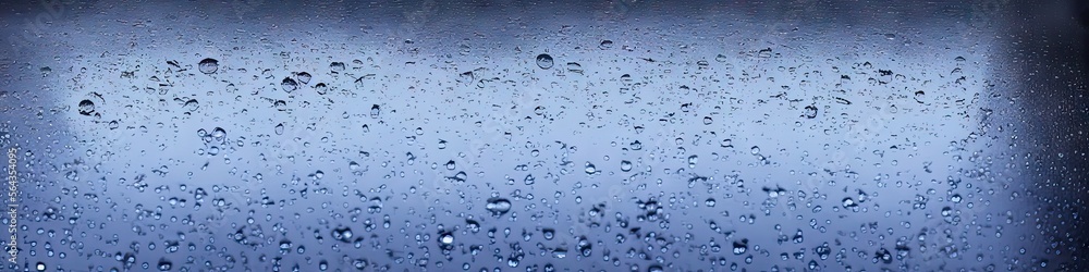 Raindrops on glass - panoramic photorealistic image with 3D shading created by generative AI for web banners