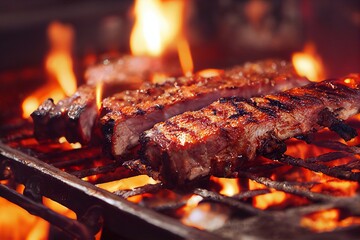 grilling pork ribs on a barbecue party, with fire, thyme, season, family dinner