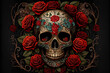Mexican Style Sugar Skull and Red Roses Decoration AI Generative