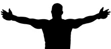 Rear View Of Silhouette Of Athletic Man With Boxing Gloves Posing Arms Raised And Biceps At Empty Isolated Background. Sport, Healthy Lifestyle And Fitness Training Concept. Copy Space
