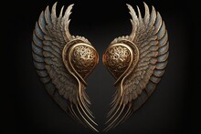  Two Golden Wings With Intricate Designs On Them On A Black Background With A Black Background Behind Them Is A Black Background With A Black Background.  Generative Ai