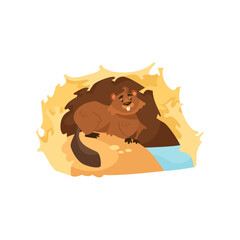 Wall Mural - comic beaver in dam vector illustration. cartoon drawing of wild animal character near hole with wat