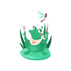 Wall Mural - comic frog wanting to eat dragonfly vector illustration. funny aquatic animal cartoon character sitt