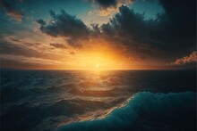  A Painting Of A Sunset Over The Ocean With Waves And Clouds In The Sky And A Sun Setting Over The Ocean With A Boat In The Water.  Generative Ai